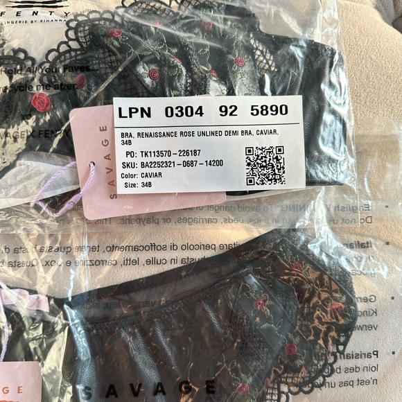 Savage X Fenty Black Caviar Renaissance Rose Unlined Demi Bra & Brazilian Panty - Picture 11 of 16